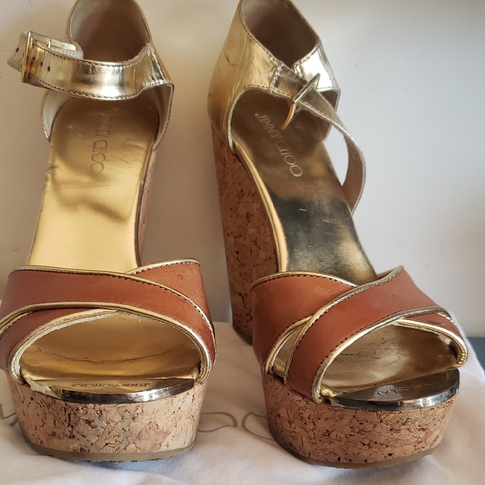 Jimmy Choo Metallic Gold and Brown Cork Platform Wedge Sandals